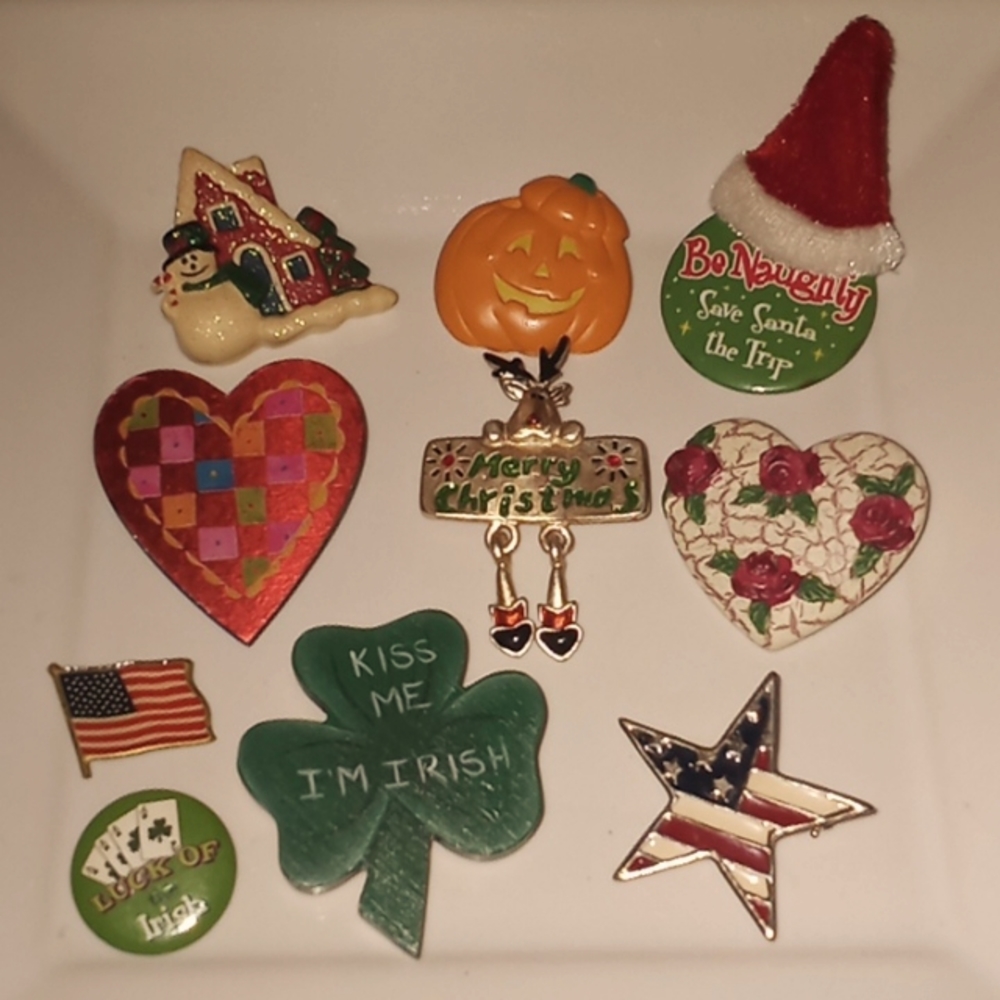 10 Hoilday Pin Brooches St. Pats, July 4, Christmas, Valentine's Day Halloween
